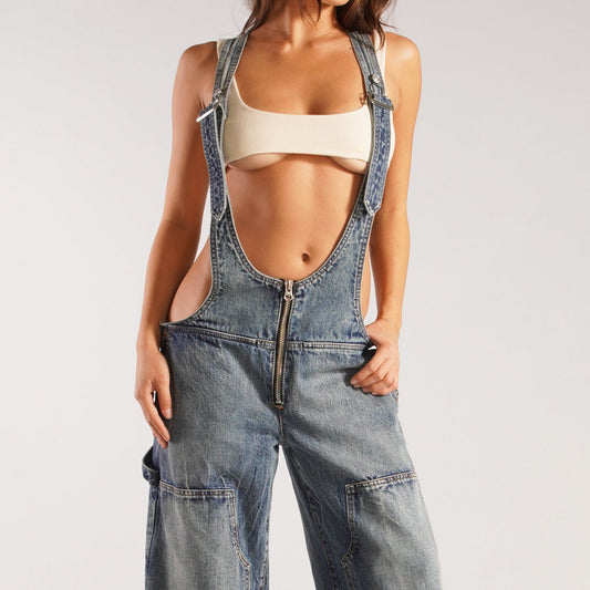 liwuka-shop summer outfits inspo Street Style Low Waist Suspender One-Piece Wide Leg Jeans Summer New Personalized Hot Girl Distressed Straight Trousers