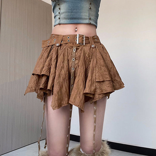 liwuka-shop 2000s fashion Retro Rock Irregular Hem Corns Ribbon High Waist Skirt Spring and Summer New Belt Solid Color Skirt