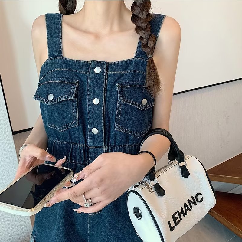 liwuka-shop going out outfits 2024 Summer New Workwear Suspender Jeans Women's Small Tight Waist Fashion Wide Leg Curling One-Piece Shorts