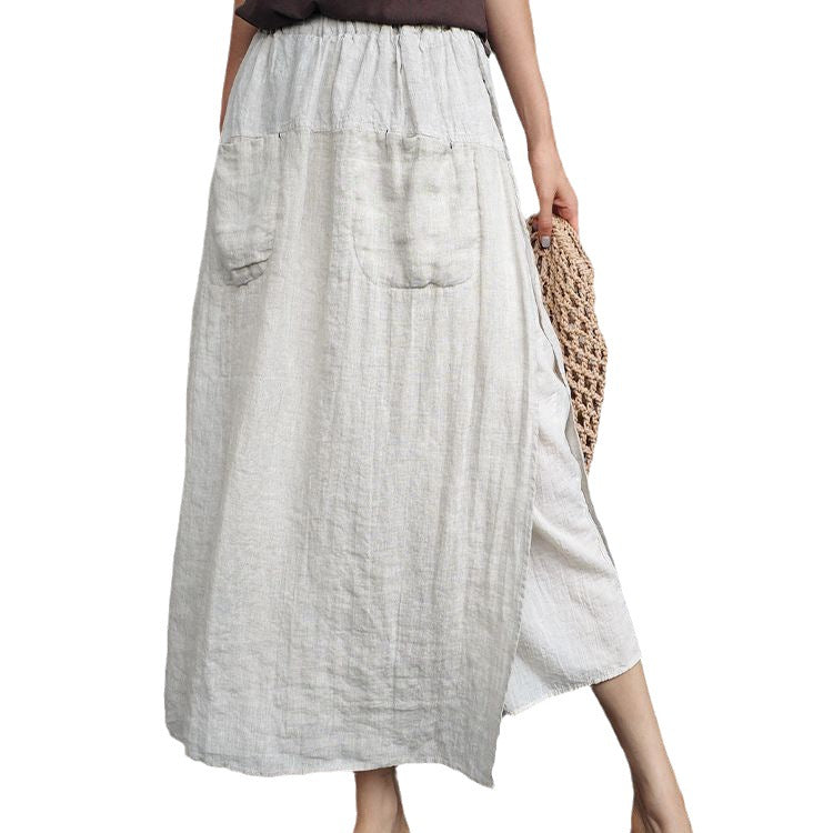 liwuka-shop 2000s fashion Linen Large Slit Culottes One-Piece Women's Spring and Summer Loose plus Size Casual Cropped Pants Fake Two-Piece Cotton Linen Wide-Leg Pants Skirt