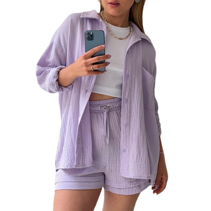 liwuka-shop going out outfits 2024 Women's Ruffle Lapel Long Sleeve Shirt High Waist Drawstring Shorts Fashion Casual Two-Piece Set