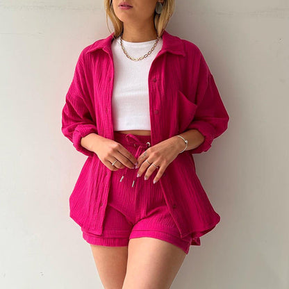 liwuka-shop going out outfits 2024 Women's Ruffle Lapel Long Sleeve Shirt High Waist Drawstring Shorts Fashion Casual Two-Piece Set