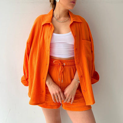 liwuka-shop going out outfits 2024 Women's Ruffle Lapel Long Sleeve Shirt High Waist Drawstring Shorts Fashion Casual Two-Piece Set