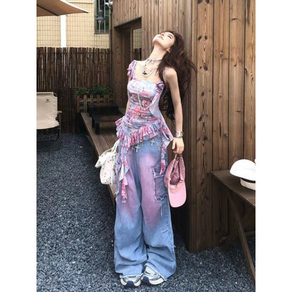 liwuka-shop 2000s fashion American Retro Rendering Workwear Jeans Women's Summer High Street High Waist Loose Slimming Wide Leg Mopping Pants