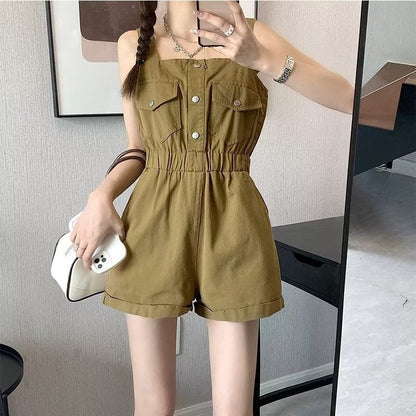 liwuka-shop going out outfits 2024 Summer New Workwear Suspender Jeans Women's Small Tight Waist Fashion Wide Leg Curling One-Piece Shorts