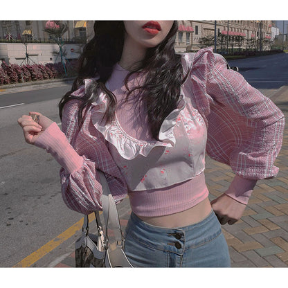 liwuka Retro Pink Plald Patchwork Shirts Women Tops Fall Korean Style Casual Loose Ruffled Long Sleeve Femme Shirts Fasion Design Shirt