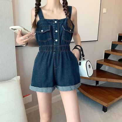 liwuka-shop going out outfits 2024 Summer New Workwear Suspender Jeans Women's Small Tight Waist Fashion Wide Leg Curling One-Piece Shorts