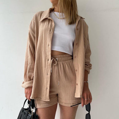 liwuka-shop going out outfits 2024 Women's Ruffle Lapel Long Sleeve Shirt High Waist Drawstring Shorts Fashion Casual Two-Piece Set