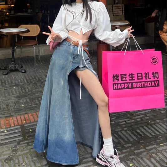 liwuka-shop 2000s fashion Large Slit Denim Skirt Women's Summer American Retro Niche Irregular High Waist Dress