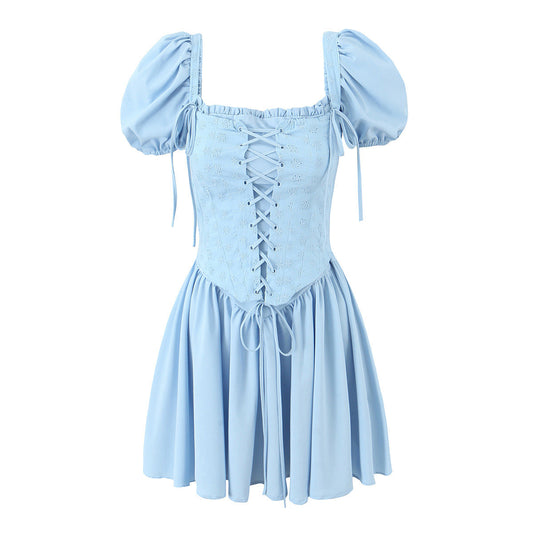 liwuka-shop pop culture dress to impress Women's Clothing 2024 Summer New Sweet Puff Sleeve Square Collar Dress Corset Princess Dress Two Pieces