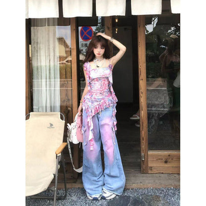 liwuka-shop 2000s fashion American Retro Rendering Workwear Jeans Women's Summer High Street High Waist Loose Slimming Wide Leg Mopping Pants