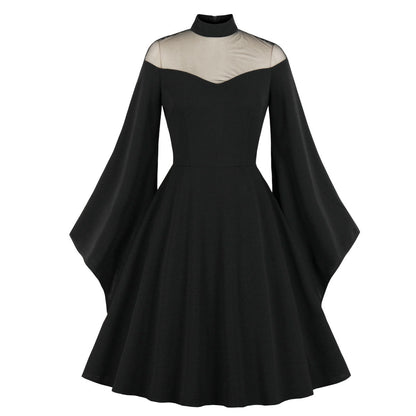 liwuka dress to impress retro glamour New Halloween Black Queen Mesh Bell Sleeve Stitching Retro Dress