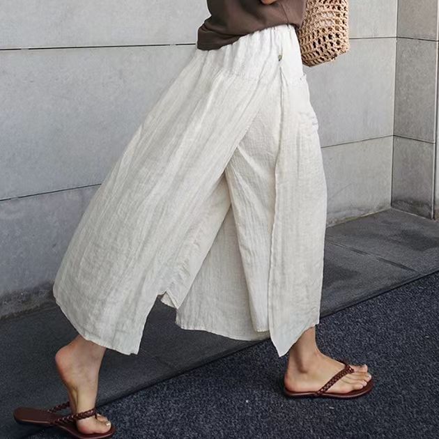 liwuka-shop 2000s fashion Linen Large Slit Culottes One-Piece Women's Spring and Summer Loose plus Size Casual Cropped Pants Fake Two-Piece Cotton Linen Wide-Leg Pants Skirt