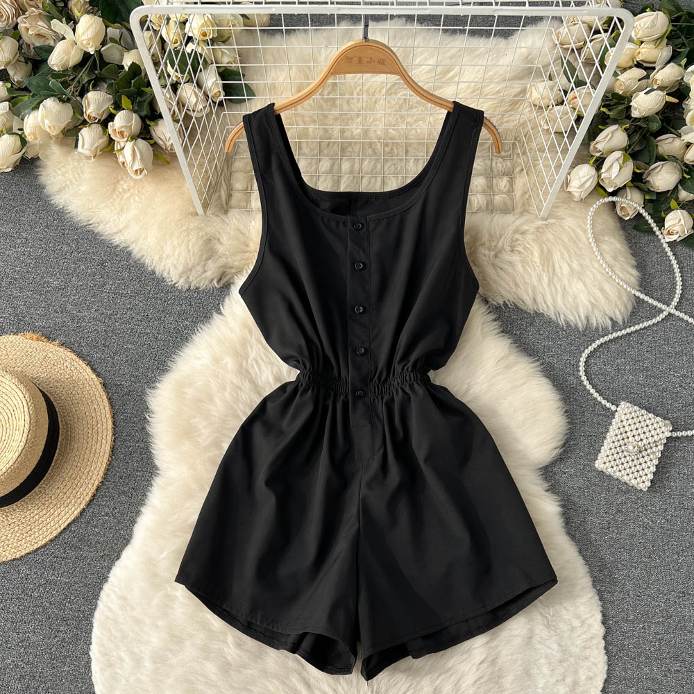 liwuka-shop going out outfits Summer New Ins Seaside Holiday Style Solid Color Wide-Leg One-Piece Shorts Women's Single-Breasted U-Neck Suspender Jumpsuit Pants