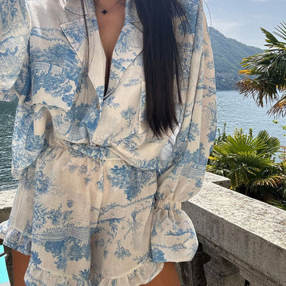 liwuka-shop 90s fashion Summer 2024 Suit Fashion Printed Bell Sleeve Shirt Top Shorts Ruffled Two-Piece Set