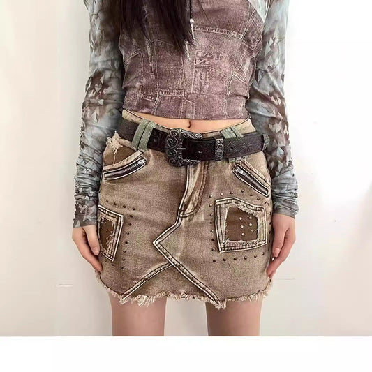 liwuka mall goth dress to impress Women's Clothing 2024 Summer New Design Hot Bead Denim Ripped Short Skirt