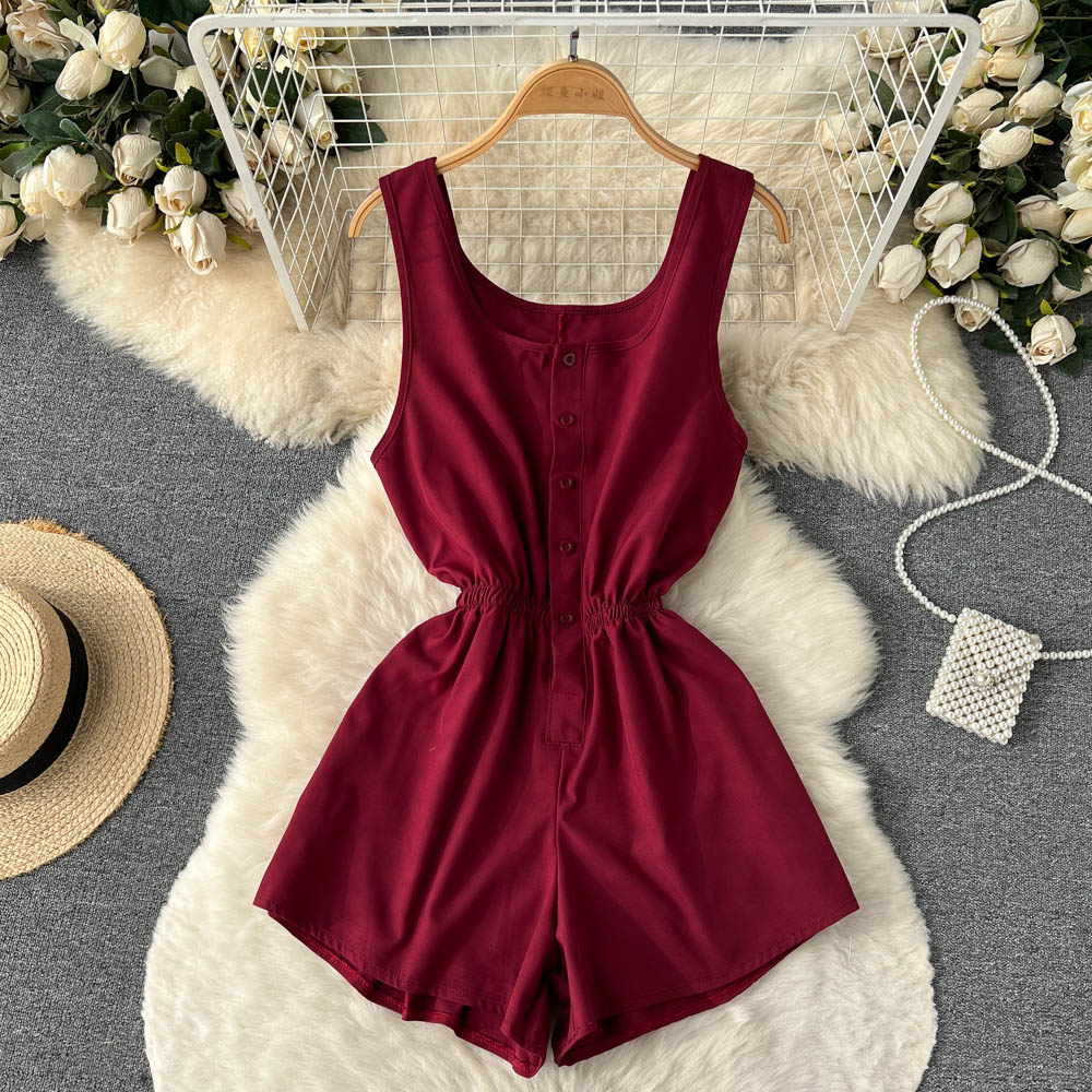 liwuka-shop going out outfits Summer New Ins Seaside Holiday Style Solid Color Wide-Leg One-Piece Shorts Women's Single-Breasted U-Neck Suspender Jumpsuit Pants