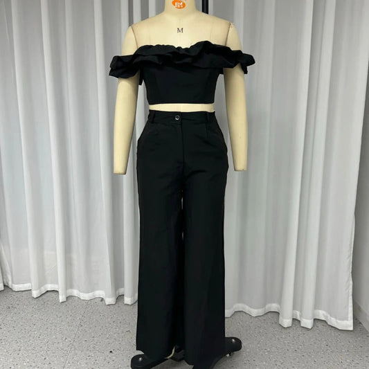 liwuka-shop y2k outfits 2024 Summer New Women's Clothing Solid Color off-the-Neck Navel Top Sweet and Spicy Style Two-Piece Set