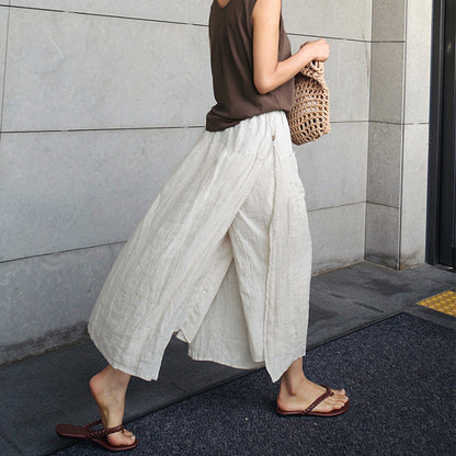 liwuka-shop 2000s fashion Linen Large Slit Culottes One-Piece Women's Spring and Summer Loose plus Size Casual Cropped Pants Fake Two-Piece Cotton Linen Wide-Leg Pants Skirt