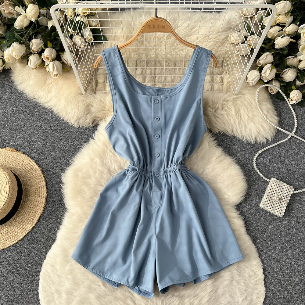 liwuka-shop going out outfits Summer New Ins Seaside Holiday Style Solid Color Wide-Leg One-Piece Shorts Women's Single-Breasted U-Neck Suspender Jumpsuit Pants