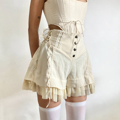 liwuka fall outfits women Solid Color Breasted Lace-up Casual Shorts New Fashion Girl's Ruffled Stitching Waist Wide-Leg Pants Summer