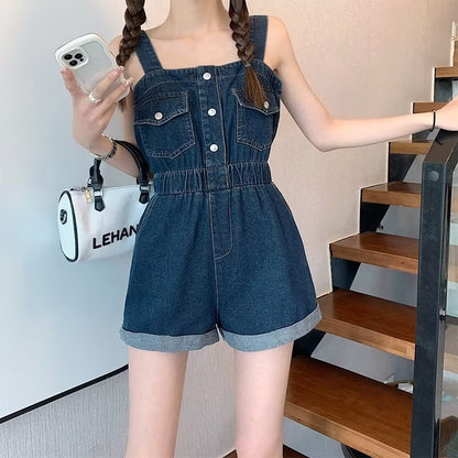 liwuka-shop going out outfits 2024 Summer New Workwear Suspender Jeans Women's Small Tight Waist Fashion Wide Leg Curling One-Piece Shorts