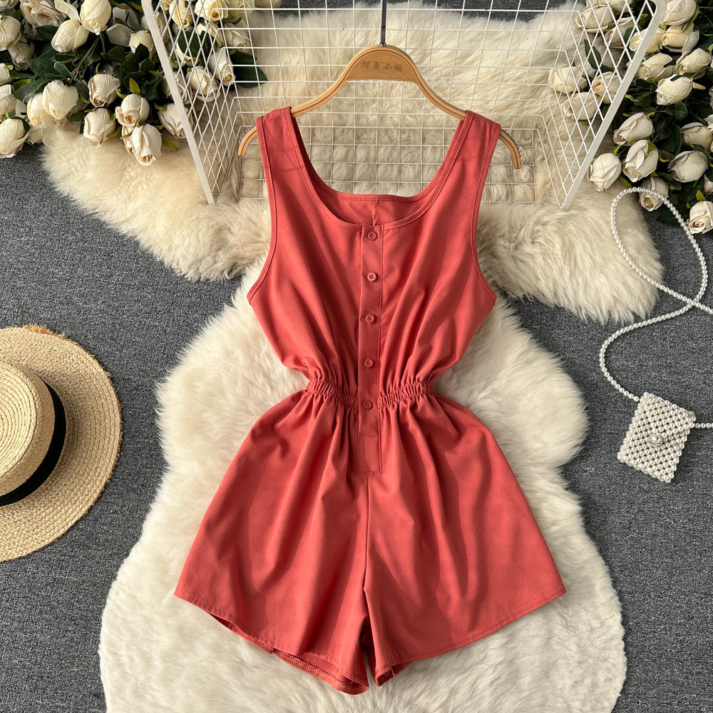 liwuka-shop going out outfits Summer New Ins Seaside Holiday Style Solid Color Wide-Leg One-Piece Shorts Women's Single-Breasted U-Neck Suspender Jumpsuit Pants