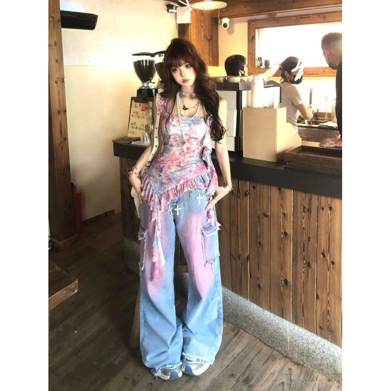 liwuka-shop 2000s fashion American Retro Rendering Workwear Jeans Women's Summer High Street High Waist Loose Slimming Wide Leg Mopping Pants