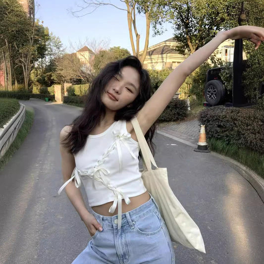 liwuka-shop 2000s fashion 2024 New American Hot Girl Ribbon Summer Fashion Street Bow Lace-up Hollow Sleeveless Vest Fashion