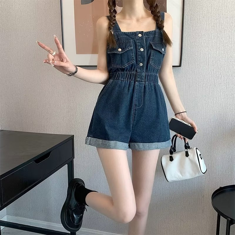 liwuka-shop going out outfits 2024 Summer New Workwear Suspender Jeans Women's Small Tight Waist Fashion Wide Leg Curling One-Piece Shorts