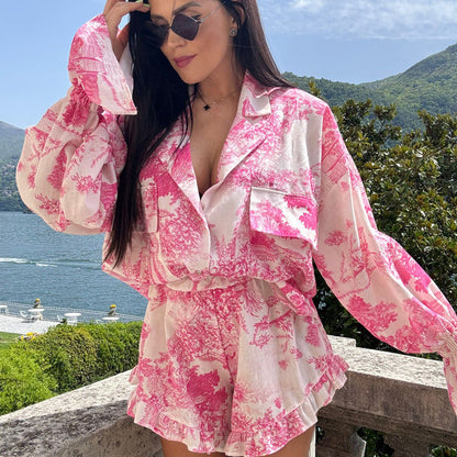 liwuka-shop 90s fashion Summer 2024 Suit Fashion Printed Bell Sleeve Shirt Top Shorts Ruffled Two-Piece Set