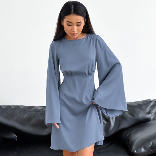 liwuka-shop birthday outfit 2024 Fashion Satin Dress Sexy Bell Sleeve Spring and Summer New High Waist Commuter A- line Skirt for Women