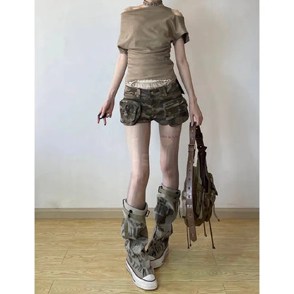 liwuka Vintage Women's Denim Shorts Hight Waisted Pockets Camouflage Y2k Casual Jeans Cargo Pants Gothic Green Short Jeans 2024 Summer