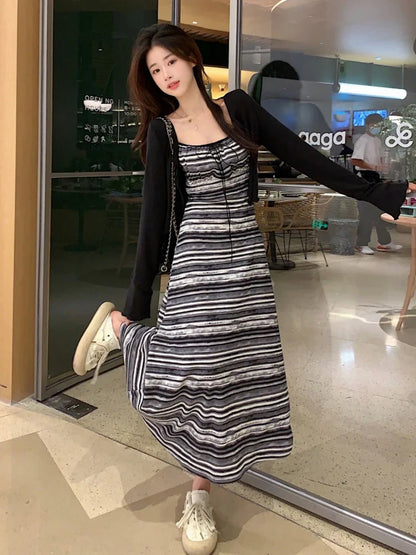 liwuka Stripe Suspended Dress Fashion Knitting Sleeveless V-neck Collar Sexy Dress 2024 Summer New Temperament Long Dress