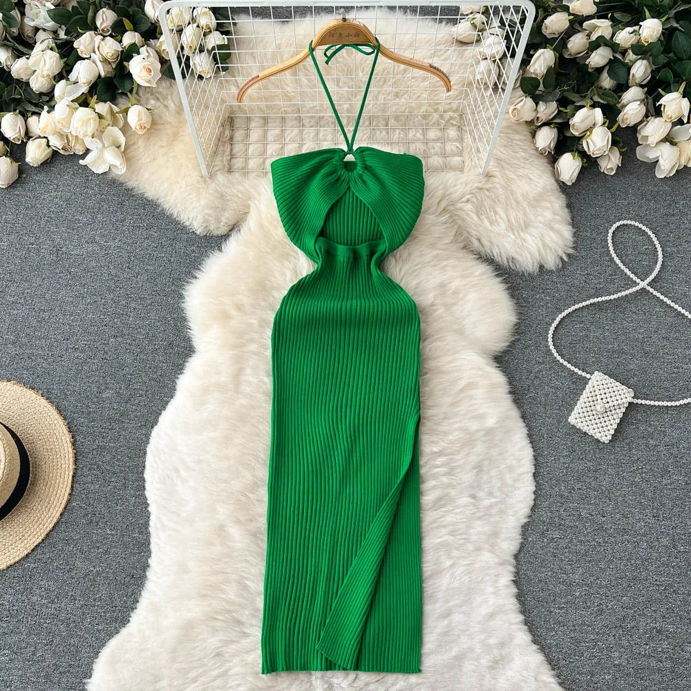 liwuka Chic Fashion Sexy Package Hips Split Knitted Summer Dress Women Slim Elastic Bodycon Party Dress Streetwear Outfits