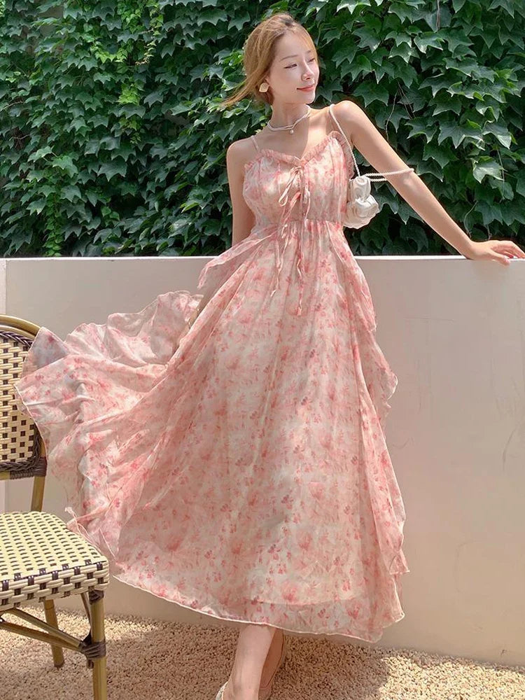 liwuka Summer Pink Floral Ruffle Dress Women French Seaside Holiday Sleeveless Strapless Woman Long Dresses New