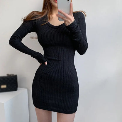 liwuka Women Sweater Dress Knit Bodycon Dress V-Neck Long Sleeve Slim Sexy Dress Autumn Solid Color Casual Dresses Lady Mini Dresses