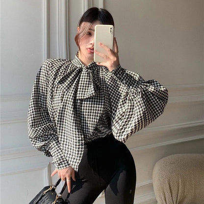 liwuka Houndstooth Bow Chiffon Shirt Women Vintage Elegant Print Bandage Lantern Sleeve Blouses Office Lady Korean Thin Loose Top