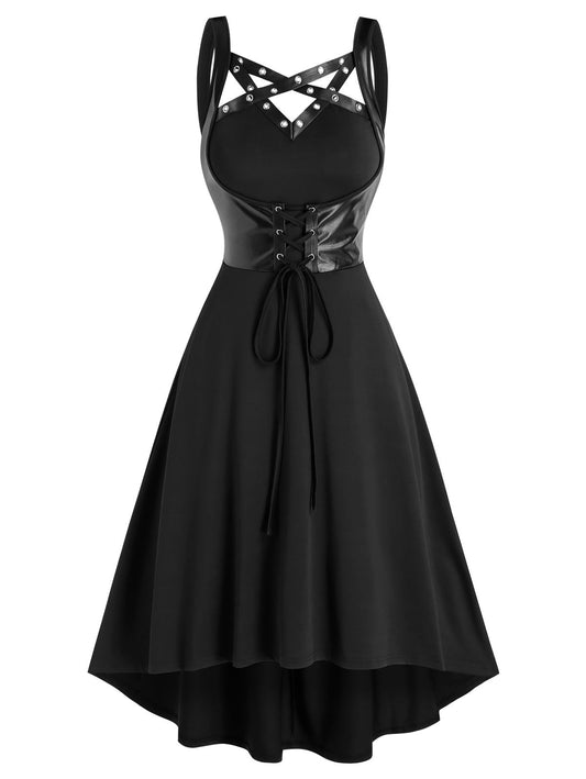 liwuka   Sexy Chic Retro Gothic Faux Leather Insert Lace Up High Low Dress Woman Harajuku Jurken