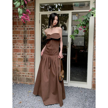 liwuka NEW Brown Elegant Party Dresses Chest Wrapping Solid Women's Clothing Dress Lace Sexy Fashion Retro Summer Long Ball Dress