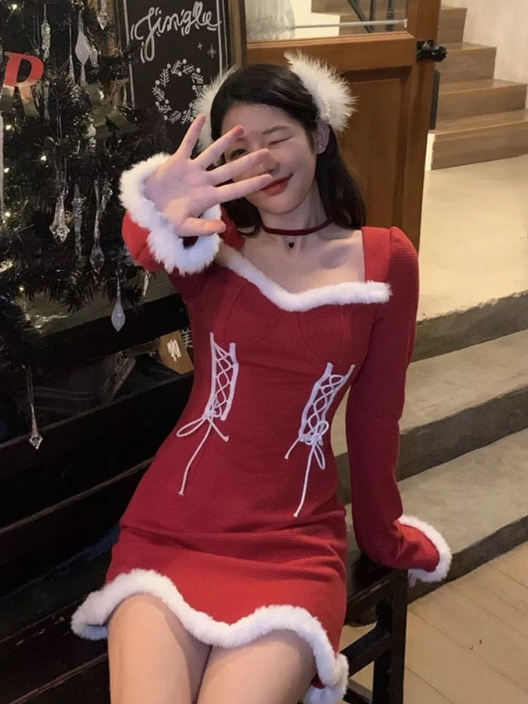 liwuka  Winter Sweet Christmas Dress Women Red Kawaii Lolita Party Mini Dresses Warm Korean Night Dresses Ladies Festival Clothing