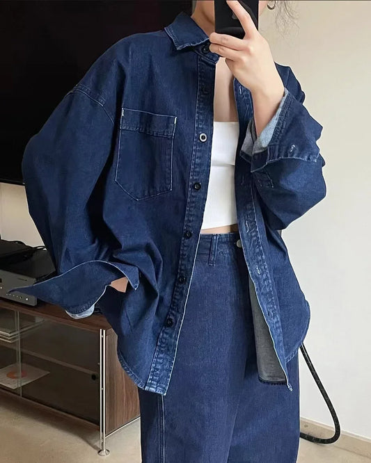 liwuka Spring/Summer Women's Casual Solid Color Polo Neck Long Sleeve Pocket Decoration Denim Shirt