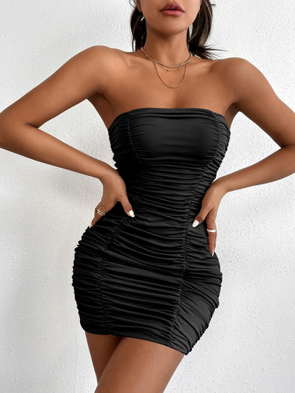 liwuka Sexy Women Pleated Mini Dress Solid Party Elegant Sleeveless Slim Bodycon Club Dresses Strapless Streetwear