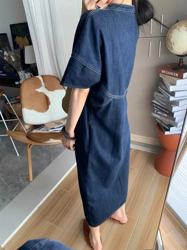 liwuka Retro Blue Denim Dress For Women'S Summer Casual Washed Pear Shaped Figure Slimming And Loose Fitting Long Skirt