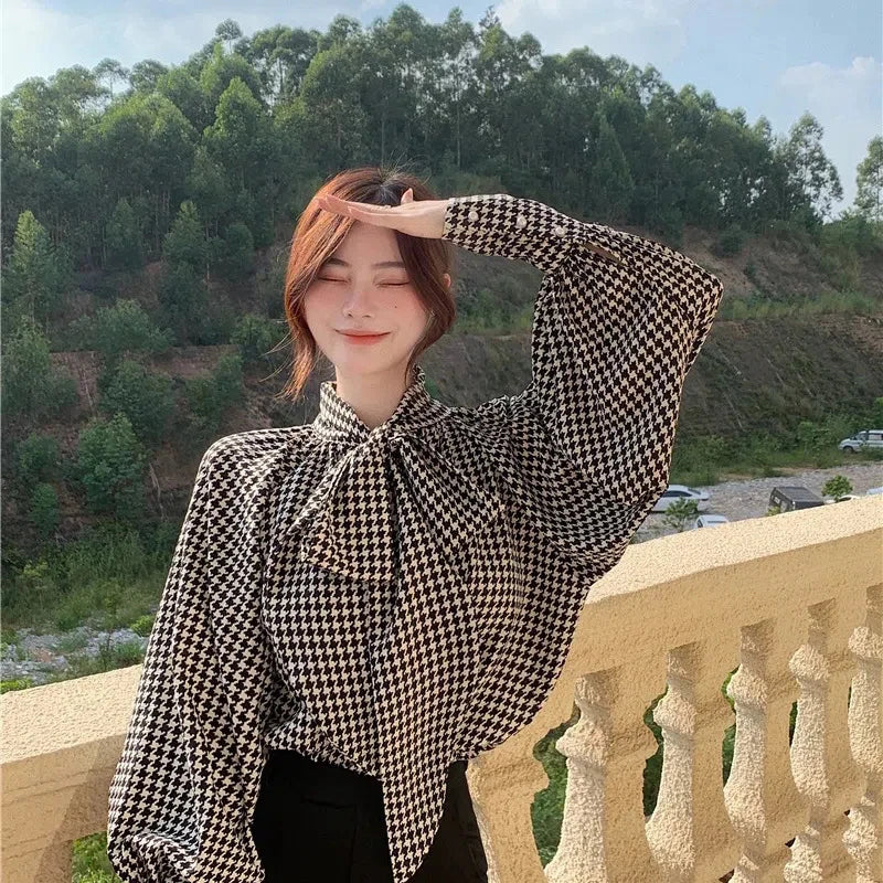 liwuka Houndstooth Bow Chiffon Shirt Women Vintage Elegant Print Bandage Lantern Sleeve Blouses Office Lady Korean Thin Loose Top