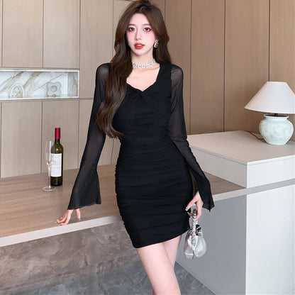 liwuka Black Pleated Patchowrk Mesh Long Sleeve Female's Dress Autumn Winter Square Collar Casual Short Dress 2024 Chic Bodycon Dresses