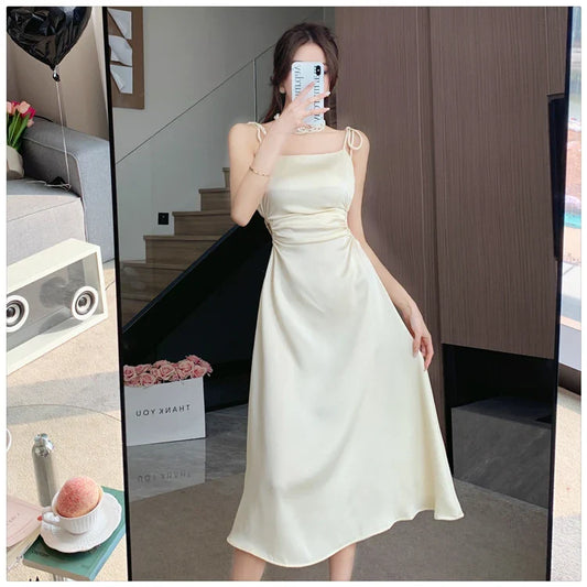 liwuka New Solid Color Sling Dress Women's Summer Korean Elegant Lady Pleated Dress Fashion Beach Sexy Backless A-line Dresses