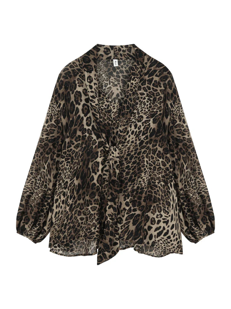 liwuka Vintage Leopard Print Shirt Women V-neck Long Sleeve Chiffon Blouse Female Summer Loose French Style Elegant Tops Chic