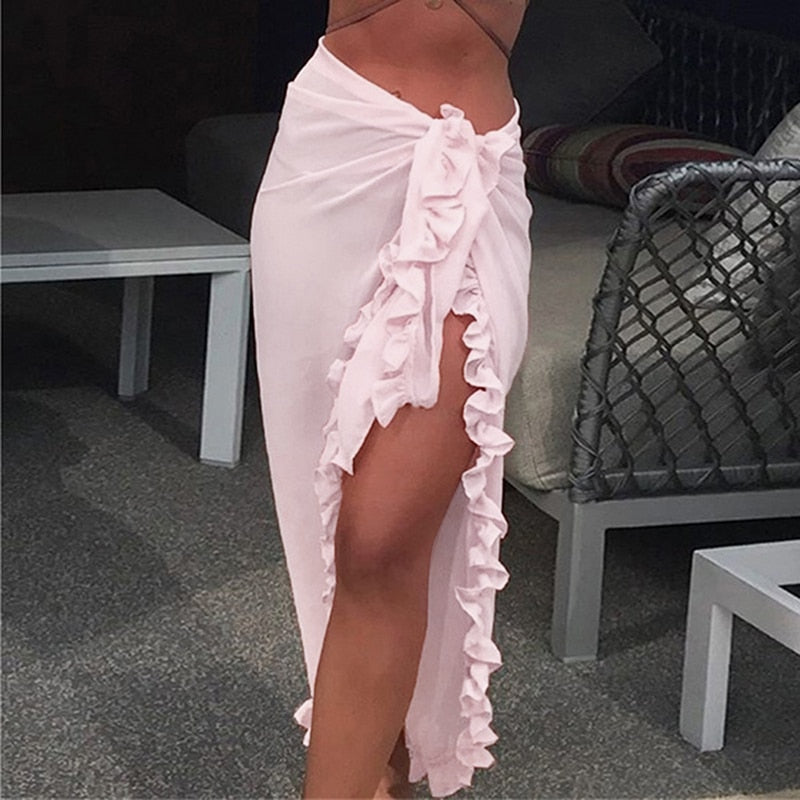 liwuka Women Chiffon See-Through Beach Bikini Cover Up Wrap Scarf Swimwear Pareo Sarong Dress Solid Ruffle Casual Beach Dress