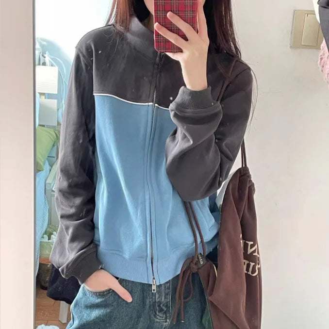 liwuka Korean Hippie Blue Zip Up Sweatshirt Women Harajuku Kpop Oversize Hoodie Female Tracksuit  Streetwear Patchwork Tops